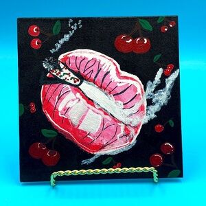 6”x6” Original Hand Painted Stretched Canvas Board w/Smoking Lips. Acryl…